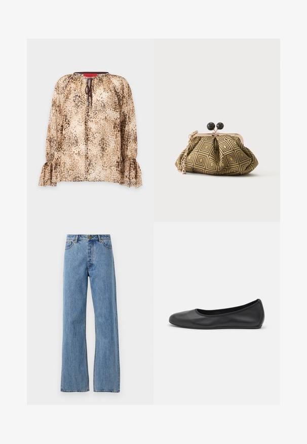 Μπεζ και καφέ μπλούζα με μακριά μανίκια και animal print, με βολάν σε μανσέτες και δεμένη λαιμόκοψη, απεικονίζεται σε απλό φόντο.; Ανοιχτό μπλε ψηλόμεσα τζιν παντελόνια με ευθεία γραμμή, με μπροστινό κουμπί, φερμουάρ και σχεδίαση πέντε τσεπών σε λευκό φόντο.; Μαύρο δερμάτινο μπαλαρίνι με στρογγυλή μύτη, λεία υφή, ελάχιστες λεπτομέρειες ραφής και σχεδίαση ευέλικτης σόλας.; Μικρό τσαντάκι χειρός με γεωμετρικό σχέδιο σε χρυσό και μαύρο, πλαίσιο από μεταλλικό χρυσό, μαύρο κούμπωμα σε σχήμα μπάλας και κοντή χρυσή αλυσίδα.