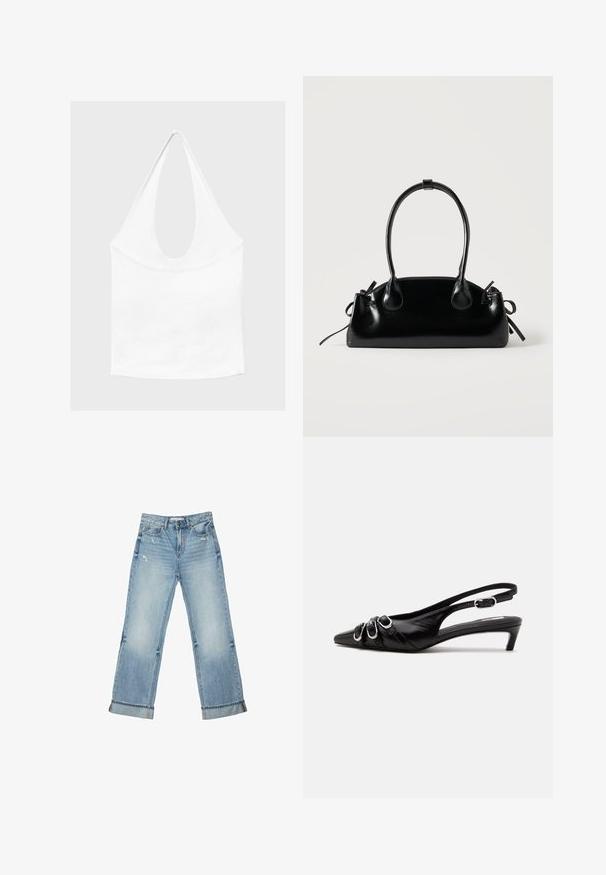 Haut blanc sans manches à encolure américaine, avec un profond col rond et une taille cintrée, présenté sur un fond clair et uni.; Jean en denim bleu clair à jambes larges avec revers de bas de pantalon et légère usure sur les poches avant et les cuisses.; Chaussure slingback en cuir noir avec bout pointu, trois boucles argentées à l'avant et petit talon kitten sur fond blanc.; Petit sac à main noir brillant avec deux longues anses et des détails à cordon sur les côtés sur un fond clair uni.