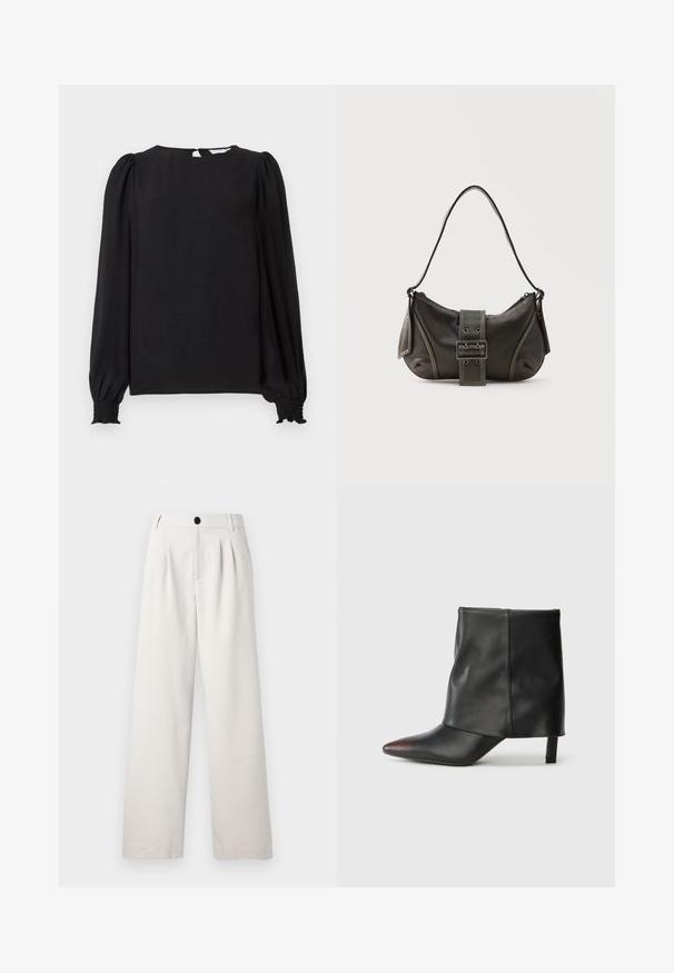 Blouse noire à manches longues bouffantes. Présente un col rond, une ouverture en forme de clé dans le dos et des poignets smockés pour un look ajusté. Texture lisse.; Pantalons beige à jambes larges en tissu lisse, avec des plis avant, une fermeture à bouton unique et des poches latérales pour plus de praticité.; Bottine noire en cuir lisse avec un bout pointu et un talon effilé. La tige présente un design légèrement froncé.; Sac à épaule en cuir noir avec une sangle à boucle, des bords arrondis et des coutures blanches contrastées sur un fond uni.