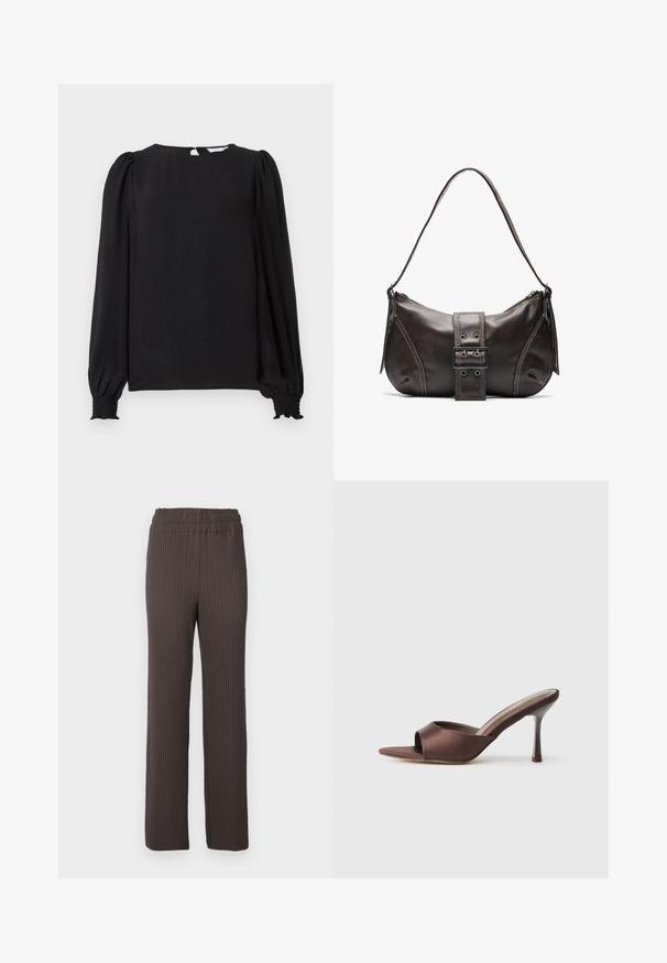 Must Black blouse pikad, puffed varrukad. Ümara kaelusega, seljal võtmega avamine ja elastsed mansetid, mis annavad tiheda väljanägemise. Sile tekstuur.; Pruunid ribaga püksid elastse vöökohtaga, otste disain ja tekstureeritud kangas. Puhtad, minimalistlikud stiilivalikud.; Pruun satiin avatud varbaga muul keskmise kõrguse saledate kontsadega ja libisemisega kujunduses, valgel taustal.; Pruunist nahast õlakott kumerate joontega, millel on silmapaistev pandla detail, kontrastne õmblus ja üks õlavarre rihm.