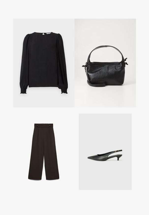 Zwarte blouse met lange, gepofte mouwen. Heeft een ronde halslijn, een keyhole-opening aan de achterkant en smock-mouwen voor een strakke pasvorm. Gladde textuur.; Wijde broekspijpen van donkerbruine stof, met een hoge tailleband, twee steekzakken aan de voorkant en twee knopen aan de voorkant als sluiting. Gladde textuur.; Zwarte puntschoen met slingback van soepel leer. Kenmerkt zich door een dunne hak en een gespdetail op de verstelbare band.; Zwarte leren handtas met een gestructureerd ontwerp, een ronde bovenhandgreep en een afneembare schouderriem. Beschikt over een gladde textuur en een subtiele glans.
