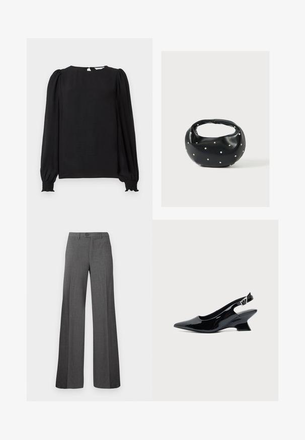 Sort bluse med lange, puffede ærmer. Har en rund halsudskæring, åbning i nakken og elastiske manchetter for et tætsiddende look. Glat tekstur.; Grå vidde bukser med knap og lynlås, flad front og bæltestropper, vist på en ensfarvet lys baggrund.; Sort laklæder slingback sko med spids tå og lav vinklet blokhæl på ensartet lys baggrund.; Sort læderhåndtaske med en rundet form, dekoreret med sølvnitter, og et kort håndtag. Glat tekstur og lynlåslukning.