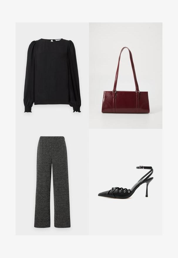 Sort bluse med lange, puffede ærmer. Har en rund halsudskæring, åbning i nakken og elastiske manchetter for et tætsiddende look. Glat tekstur.; Bredde bukser i sort og grå tekstureret stof med elastisk talje for komfort. Ingen synlige lommer eller lukninger.; Sort spids hæl med bølgede kanter, metaløjer, snørelukning foran og ankelrem med spænde.; Bordeaux håndtaske lavet af glansfuldt materiale, rektangulær form, med to skulderremme og subtile buede detaljer på forsiden.