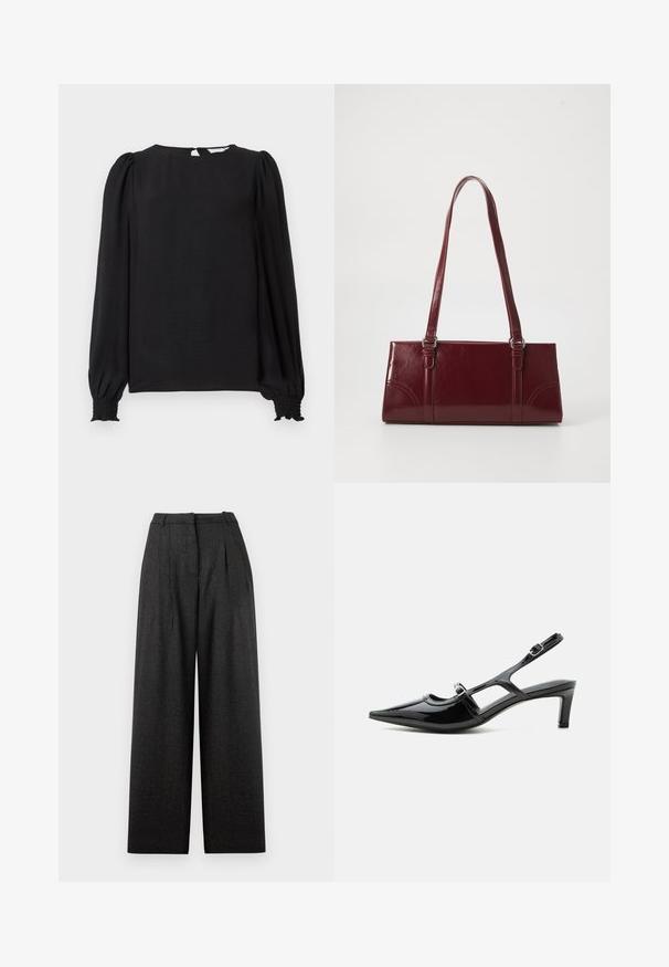 Zwarte blouse met lange, gepofte mouwen. Heeft een ronde halslijn, een keyhole-opening aan de achterkant en smock-mouwen voor een strakke pasvorm. Gladde textuur.; Wijde broek in donkergrijs ruitpatroon, met hoge taille, plooien en een gestructureerde pasvorm. Gemaakt van een getextureerde stof.; Zwarte lakleren slingback schoen met een spits toelopende neus, lage hak en twee verstelbare gespen, zijaanzicht.; Bourgondische handtas van glanzend materiaal, rechthoekige vorm, met twee schouderbanden en subtiele gebogen accenten aan de voorkant.