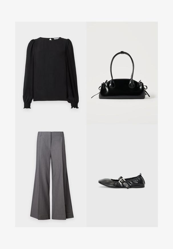 Sort bluse med lange, puffede ærmer. Har en rund halsudskæring, åbning i nakken og elastiske manchetter for et tætsiddende look. Glat tekstur.; Grå vide benbukser lavet af et struktureret stof med høj talje og forfald. Kantafslutningerne er rene uden yderligere detaljer.; Sorte læder flade sko med spids tå, samling detaljer omkring åbningen, og en sølv spænde accent på den justerbare rem.; Lille sort blank håndtaske med to lange håndtag og snøre-detaljer i siden på en ensfarvet lys baggrund.