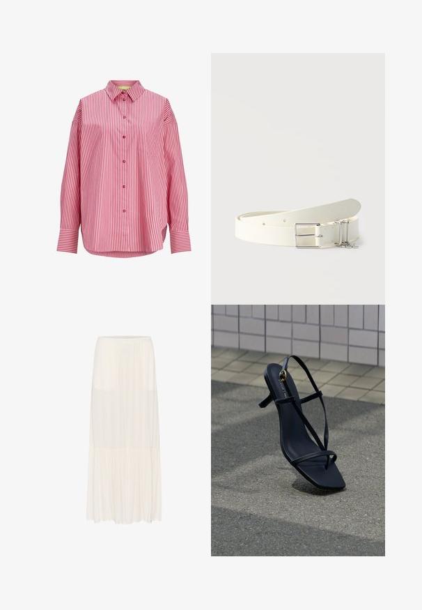Langærmet lyserød skjorte med lodrette røde striber, knaplukning foran, spids krave, brystlomme og brede manchetter.; Soaked in Luxury SLElonor Maxi - Maxinederdele - whisper white; Sort højhælet sandal med tynde stropper og et guldspænde, stående oprejst på en tekstureret belægning nær en flisebelagt væg.; Hvidt læderbælte med sølvrektangulært spænde og to løkker, den ene løkke har små sølvcharms, mærket "Calvin Klein" nær spidsen.