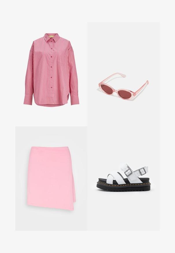 Langærmet lyserød skjorte med lodrette røde striber, knaplukning foran, spids krave, brystlomme og brede manchetter.; Even&Odd by Zalando Tubenederdele - pink; Hvide lædersandaler med justerbare spænder, lagdelt sort platformssål og orange syning langs kanten.; Lyserøde transparente solbriller med ovale linser, mørkerød toning og slanke stænger, der har en glat overflade og diskret detaljering på rammen.
