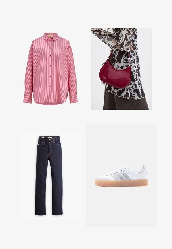 Langærmet lyserød skjorte med lodrette røde striber, knaplukning foran, spids krave, brystlomme og brede manchetter.; Mørkeblå straight-leg denim jeans med fem lommer og synlig orange syning på hvid baggrund.; Hvid lavtop-sneaker med gum-gummisål, sølvstribede sideaccents og snørelukning, vist mod en ensfarvet lys baggrund.; Kvinde iført en sort- og hvidmønstret bluse, der holder en blank rød skuldertaske mod en ensfarvet baggrund.