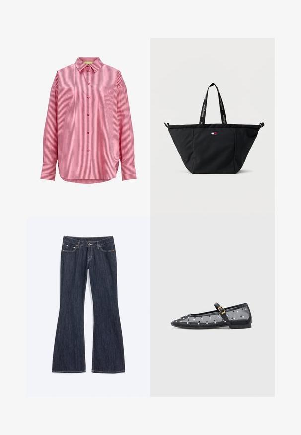 Langærmet lyserød skjorte med lodrette røde striber, knaplukning foran, spids krave, brystlomme og brede manchetter.; Mørkeblå denim jeans med en let vidde forneden, med forlommer, knap og synlige syningsdetaljer.; Sorte transparente ballet flats med spids tå, flad sål og spænde, pyntet med metalliske polkaprikker.; Sort tote taske med bred top, logo-patch foran og dobbelte skulderstropper med "tommyjeans" trykt i hvid.