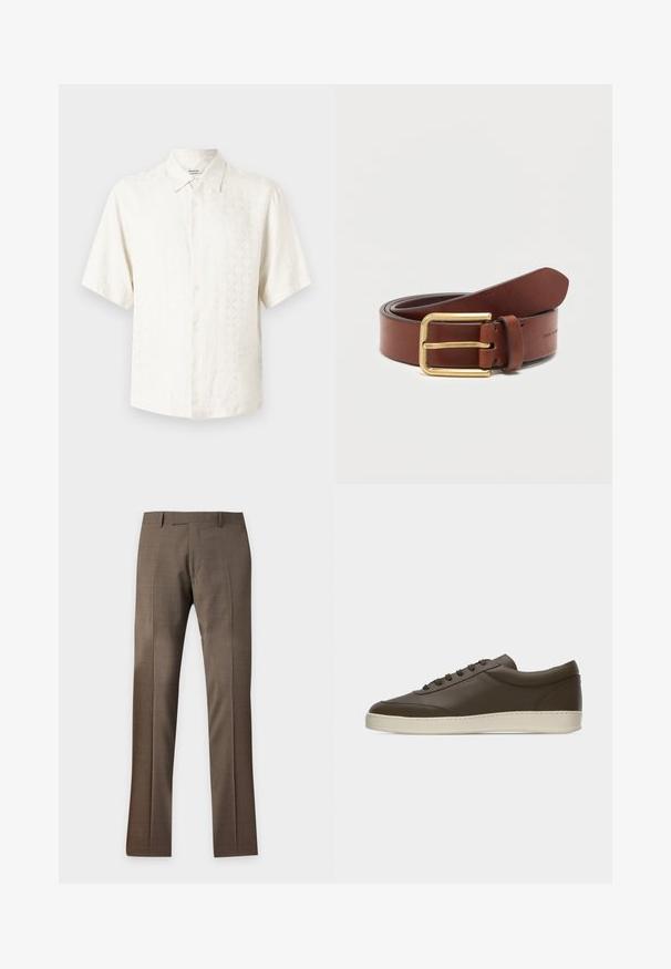 Chemise blanche à manches courtes, boutonnée, avec un motif texturé subtil et un col pointu, présentée sur un fond clair uni.; Pantalon habillé marron sur mesure avec passants pour ceinture et pli frontal, présenté sur un fond clair uni.; Baskets basses en cuir marron foncé avec lacets sur le devant et semelle en caoutchouc couleur crème, vues de côté extérieur sur fond blanc.; Ceinture en cuir marron avec boucle rectangulaire dorée, roulée sur un fond blanc uni.