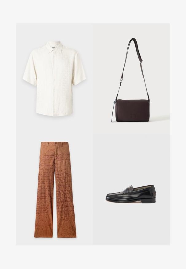 Chemise blanche à manches courtes, boutonnée, avec un motif texturé subtil et un col pointu, présentée sur un fond clair uni.; Pantalon droit marron avec un motif de griffonnages et de texte manuscrit en rouge foncé sur tout le tissu.; Mocassins en cuir noir avec un design de style mocassin, présentant une bande décorative et un détail de couture sur le dessus. Talon bloc bas.; Sac bandoulière en cuir marron foncé texturé avec une sangle réglable et un petit accent décoratif bleu sur le côté.