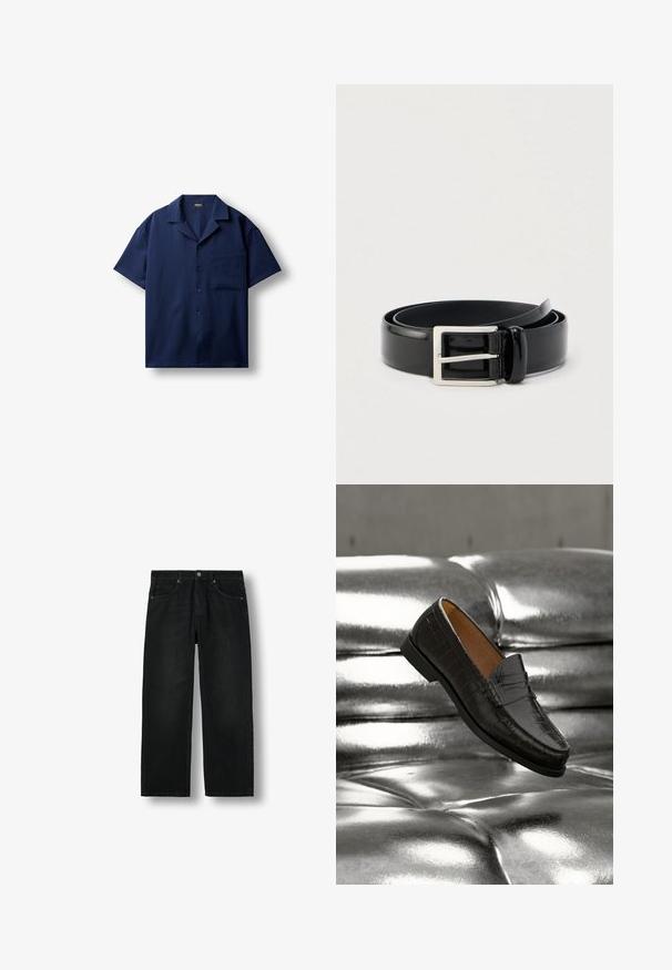Chemise bleu marine à manches courtes avec boutons, col camp et une poche poitrine, posée à plat sur fond blanc.; Jean denim noir à coupe droite avec cinq poches, fermeture par bouton et passants pour ceinture, présenté à plat sur un fond blanc.; Mocassin en cuir noir à motif crocodile flottant au-dessus d'un canapé argenté brillant à capitonnage, mettant en valeur les détails et la texture de la chaussure en gros plan.; Ceinture en cuir noir brillant enroulée avec une boucle métallique rectangulaire argentée sur un fond clair uni.