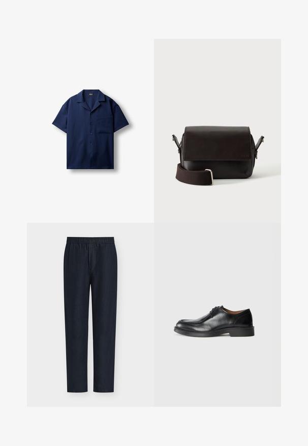 Chemise bleu marine à manches courtes avec boutons, col camp et une poche poitrine, posée à plat sur fond blanc.; Pantalon bleu marine à jambes droites avec une ceinture élastique, sans poches visibles ni ornements, présenté sur un fond clair uni.; Chaussure de ville en cuir noir avec un bout arrondi, surface lisse, détails en dentelle et une semelle en caoutchouc texturée basse. Lignes épurées et design minimal.; Sac bandoulière en cuir marron foncé avec fermeture à rabat et sangle en tissu réglable sur fond blanc.
