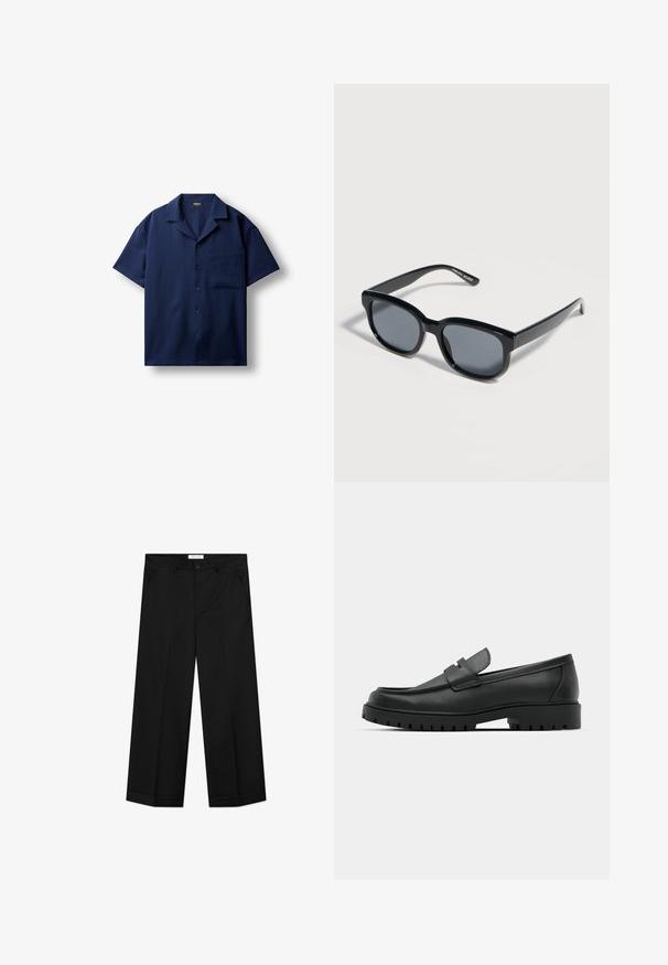 Chemise bleu marine à manches courtes avec boutons, col camp et une poche poitrine, posée à plat sur fond blanc.; Pantalon noir à jambes larges en tissu lisse, doté de poches avant, d'une fermeture par bouton et d'un pli marqué sur chaque jambe.; Mocassins en cuir noir à bout arrondi, avec un design cousu, une semelle plateforme basse et une semelle en caoutchouc texturée et crantée.; Lunettes de soleil rectangulaires noires avec verres foncés et montures épaisses, posées sur une surface claire.