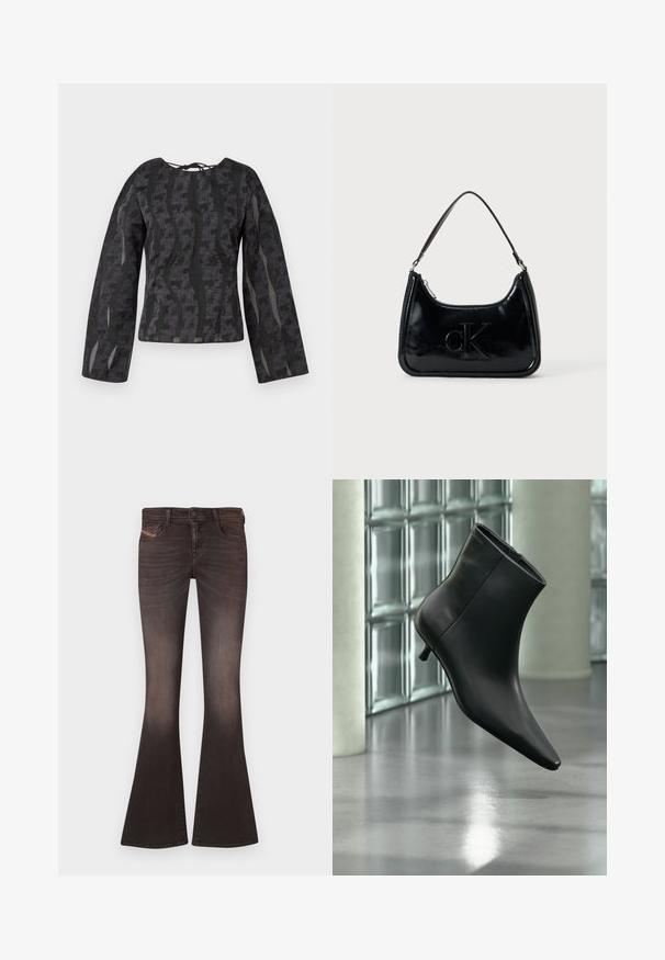 Haut noir à manches longues avec un motif texturé composé de lignes ondulées, un col rond et un détail à nouer au dos.; Jean en denim noir évasés avec un dégradé, présentant un design standard à cinq poches et une fermeture à bouton. Texture lisse avec des détails minimes.; Bottine en cuir noir à bout pointu et petit talon kitten, présentée en angle devant un sol poli et un mur en blocs de verre.; Sac à main en cuir verni noir avec une anse incurvée, fermeture éclair et logo "cK" embossé sur le devant. Texture lisse, forme structurée.