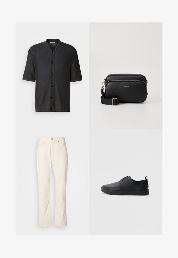 Sort kortærmet skjorte med mesh-struktur, knapfront og krave. Har en glat kant og subtil branding forneden.; Beige bomuldsjeans med et klassisk lige ben-design, der har en forreste knaplukning, fem lommer og diskrete syninger.; Sorte lædersneakers med en glat finish, rund tå, tonalt syning, snøring foran og en flad gummisål. Løkke ved hælen.; Sort læder crossbody taske med to lynlåslommer, struktureret overflade, justerbar rem og sølvhardware detaljer. Calvin Klein-logoet er vist.