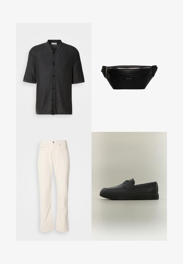 Schwarzes kurzärmliges Hemd mit Netzstruktur, Knopfleiste und Kragen. Verfügt über einen glatten Saum und dezentes Branding am unteren Rand.; Beige Baumwolljeans mit klassischem geradem Bein, ausgestattet mit einem Frontknopfverschluss, fünf Taschen und dezenten Nähdetails.; Schwarzer lässiger Lederloafer mit Schnürdetails und dicker Gummisohle, seitlich auf neutralem Hintergrund dargestellt.; Schwarze Leder-Calvin Klein Gürteltasche mit silbernem Reißverschluss und verstellbarem Riemen, minimalistisches Logo vorne mittig.