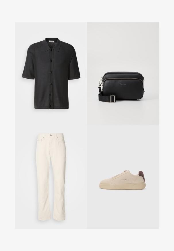 Schwarzes kurzärmliges Hemd mit Netzstruktur, Knopfleiste und Kragen. Verfügt über einen glatten Saum und dezentes Branding am unteren Rand.; Beige Baumwolljeans mit klassischem geradem Bein, ausgestattet mit einem Frontknopfverschluss, fünf Taschen und dezenten Nähdetails.; Beige Wildleder-Sneaker mit runder Spitze, Schnürung vorne und einem braunen Wildlederakzent an der Ferse. Verfügt über eine strukturierte Gummisohle.; Schwarze Leder-Crossbody-Tasche mit zwei Reißverschlussfächern, strukturiertem Finish, verstellbarem Tragegurt und silbernen Hardware-Details. Calvin Klein-Logo angebracht.