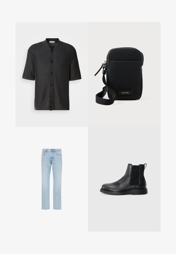 Sort kortærmet skjorte med mesh-struktur, knapfront og krave. Har en glat kant og subtil branding forneden.; Lyseblå straight-leg jeans i denim med forreste knap, lynlås og design med fem lommer vist på hvid baggrund.; Sorte læder chelsea støvler med tekstureret finish, elastiske sidepaneler og en robust gummisål. Subtil branding på hælen.; Sort vævet crossbody taske med frontlomme, lynlås lukning, håndledsstrop og Calvin Klein-logo til stede foran.