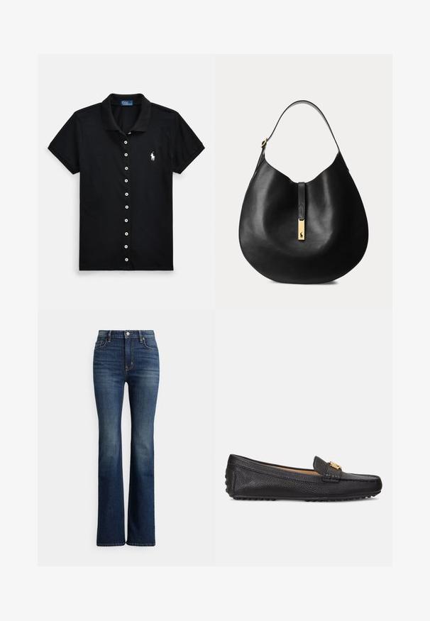 Sort polo-shirt lavet af bomuld, med knapper foran, korte ærmer og en lille hvid logo på brystet.; Mørkeblå højhælede bootcut-jeans med høj talje, forreste knap og lommer, let falmede områder på lår og knæ, vist på hvid baggrund.; Sorte læder loafers med struktureret overflade, hardware i guld tone, flad sål og klassisk design. Velegnet til afslappet brug.; Sort læder hobo-taske med en enkelt skulderrem og en gylden rektangulær lukning med et lille logo.