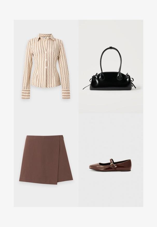 Chemise cintrée à manches longues, boutonnée, avec motif zigzag beige et marron clair et col pointu.; Jupe trapèze marron avec un léger détail de superposition à l'avant, en tissu lisse, présentée sur un fond uni clair.; Ballerine en cuir verni marron avec un bout carré et une lanière ornée d'une petite boucle dorée. Texture lisse, talon bas et design minimaliste.; Petit sac à main noir brillant avec deux longues anses et des détails à cordon sur les côtés sur un fond clair uni.