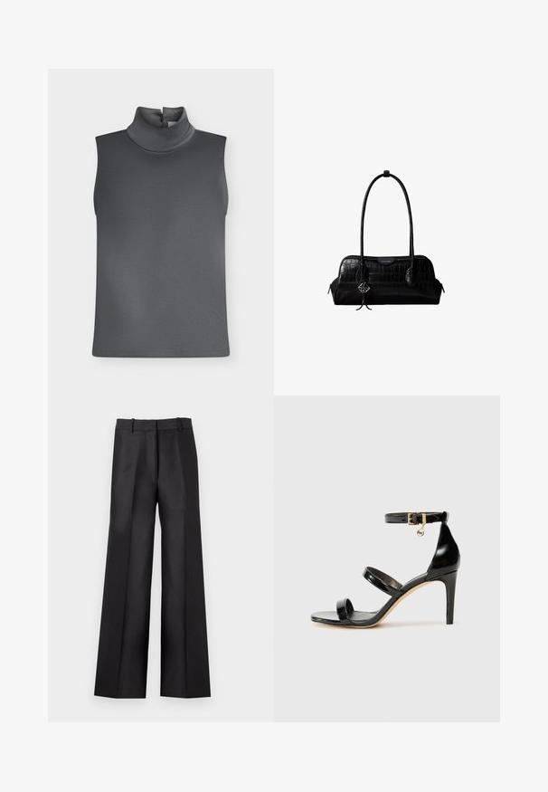 Haut sans manches gris foncé avec col roulé haut et fermeture à bouton à l'arrière du cou sur fond blanc.; Pantalon noir à jambes larges avec une texture lisse, doté d'un devant plat, de deux poches latérales et d'une ceinture ajustée avec passants pour ceinture.; Sandale en cuir verni noir avec trois brides, boucle de cheville et talon aiguille de 10 cm. Présente un détail en métal doré et un charm logo.; Sac à épaule en cuir noir à texture crocodile, avec de longues sangles et un petit charm logo argenté sur une sangle.