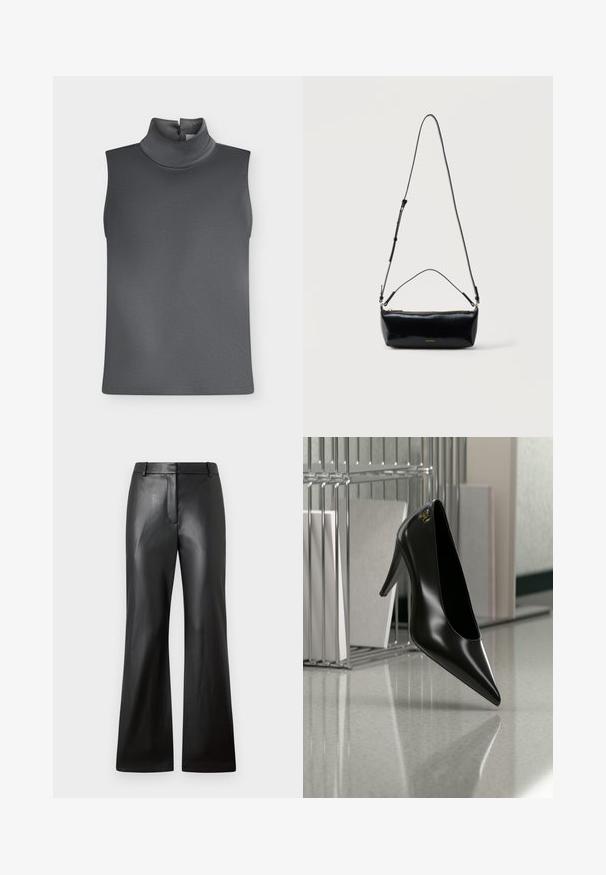 Haut sans manches gris foncé avec col roulé haut et fermeture à bouton à l'arrière du cou sur fond blanc.; Pantalons en cuir noir avec une texture lisse, design à jambes larges et une taille mi-haute dotée de passants de ceinture et de poches avant.; Chaussure noire à talon haut avec bout pointu et logo doré, posée sur une surface réfléchissante près d'un organiseur de dossiers en fil chromé contenant des documents.; Sac bandoulière rectangulaire en cuir noir avec bandoulière ajustable, fermeture éclair sur le dessus et petit logo Calvin Klein doré sur le devant.