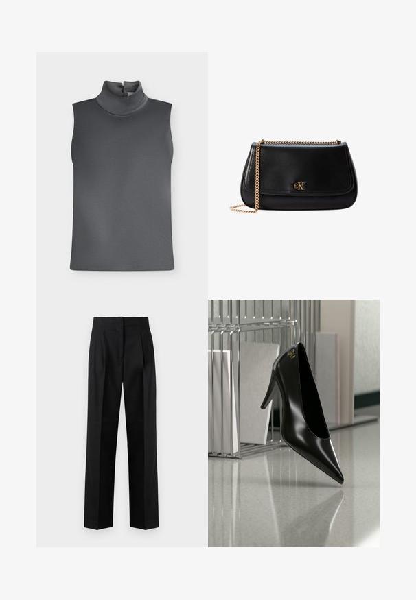 Haut sans manches gris foncé avec col roulé haut et fermeture à bouton à l'arrière du cou sur fond blanc.; Pantalon noir en tissu tissé, avec une coupe sur mesure, des plis, une jambe droite et un devant plat. Texture durable et lisse.; Chaussure noire à talon haut avec bout pointu et logo doré, posée sur une surface réfléchissante près d'un organiseur de dossiers en fil chromé contenant des documents.; Sac à épaule en cuir noir avec bandoulière chaîne dorée et petit logo CK doré sur le rabat avant.
