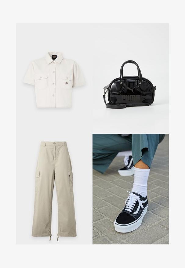 Kurze ärmelige, cropped weiße Bluse aus Baumwolle mit zwei Brusttaschen, Knopfleiste vorne und einem Logopatch auf der linken Tasche.; Helle beige Cargo-Hosen mit lockerer Passform, ausgestattet mit einem Knopfverschluss, seitlichen Taschen und verstellbarem Saum mit Bändern. Glatte Stoffoberfläche.; Schwarze Wildledersneaker mit weißen Akzenten und Schnürsenkeln, ausgestattet mit einer dicken weißen Sohle und kontrastierenden Nähten, kombiniert mit einer weißen Socke.; Schwarze Lacklederhandtasche mit doppelten Griffen oben, abnehmbarem Schulterriemen, runder Form und hervorgehobenem geprägten "PUMA"-Logo.
