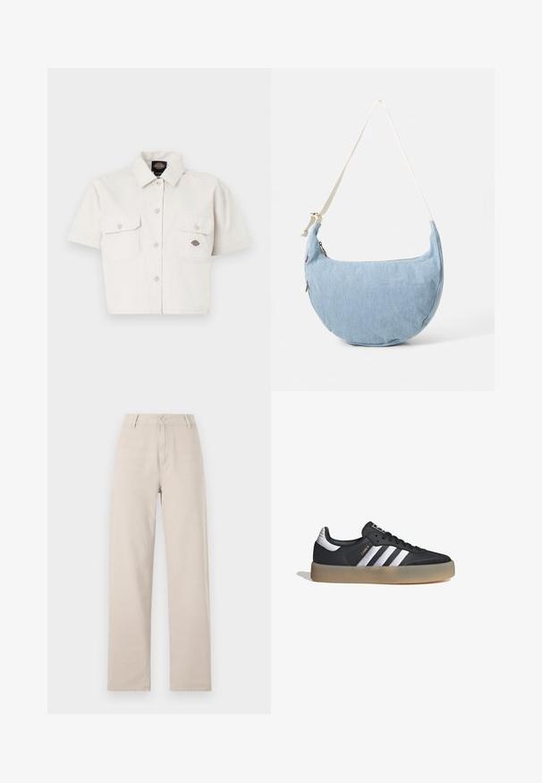 Camisa blanca de algodón de manga corta y cropped, con dos bolsillos en el pecho, cierre frontal de botones y un parche con logo en el bolsillo izquierdo.; Pantalones de pierna ancha beige fabricados en algodón, con cierre frontal de botones, trabillas para cinturón y un ajuste clásico con líneas limpias.; Zapatilla deportiva de cuero negro con tres rayas plateadas, punta texturizada y suela de goma. Cuenta con un collar acolchado y un diseño con cordones.; Bolso de hombro de mezclilla azul claro en forma de media luna con correa blanca ajustable y cierre de cremallera.