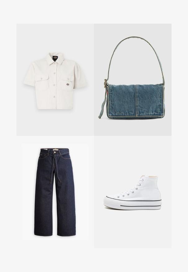 Korte mouwen, cropped wit shirt van katoen met twee borstzakken, knoopsluiting aan de voorkant en een logo patch op de linker zak.; Wijd pijpjes donkerblauwe denim jeans met een hoge taille, voorzien van een trekkoord, vijf zakken en contrasterende stiksels.; Witte hoge sneakers van canvasmateriaal, zwarte rubberen zool en contrasterende zwarte streep op de tussenzool. Circulaire neus en vetersluiting.; Denim schoudertas met een opvouwbaar ontwerp, lichtblauwe kleur, zichtbare stiksels, verstelbare schouderband en een zijlabel accent.