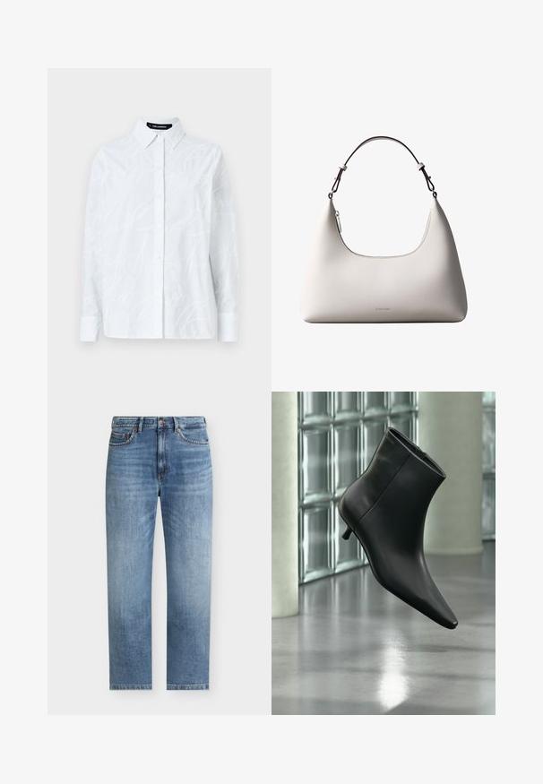 Hvid skjorte med knaplukning, der har et tekstureret skriftmønster, klassisk krave, lange ærmer og lige kant. Fremstillet af letvægtsstof.; Lyseblå straight-leg denim jeans med fem lommer, knaplukning og diskrete falmede detaljer på forsiden af lårene.; Sort læderankelstøvle med spids tå og lav kitten-hæ, vist vinklet mod en poleret gulv- og glasblokvæg.; Cremefarvet skuldertaske i læder fra Calvin Klein med buet topkant, sølvfarvet lynlås og mørkebrun justerbar rem.