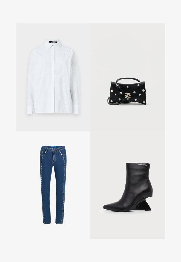 Hvid skjorte med knaplukning, der har et tekstureret skriftmønster, klassisk krave, lange ærmer og lige kant. Fremstillet af letvægtsstof.; Mørkeblå denim jeans med lige pasform, der har kontrasterende syninger og dekorative nitter langs sidesømmene og forlommerne.; Sort læderankelstøvle med buet skulptureret hæl og Karl Lagerfeld-logo nær den øverste kant på hvid baggrund.; Sort læderhåndtaske med sølvnitter, et topgreb, aftagelig skulderrem og en sølv dekorativ lås på ensfarvet baggrund.