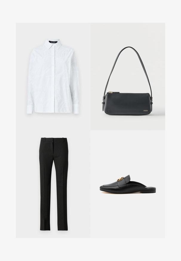 Witte button-up shirt met een textuurpatroon van schrift, klassieke kraag, lange mouwen en een rechte zoom. Gemaakt van lichtgewicht stof.; Zwarte pinstripe broek met een recht pootontwerp, gemaakt van een gladde stof met subtiele glans en verticale zilveren accenten.; Zwarte leren slip-on loafer met platte hak en gouden ronde gespdetail op de bovenste band, getoond in zijaanzicht op witte achtergrond.; Zwarte rechthoekige lederen schoudertas met gouden ritssluiting en klein goudkleurig "HUGO"-logo aan de voorkant, voorzien van een verstelbare riem met gesp.