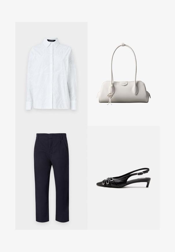 Witte button-up shirt met een textuurpatroon van schrift, klassieke kraag, lange mouwen en een rechte zoom. Gemaakt van lichtgewicht stof.; Navyblauwe broek van katoen, met een rechte pijpdesign, geplooide voorkant en riemlussen bij de tailleband.; Zwarte leren slingback schoen met puntige neus, drie zilveren gespen aan de voorkant en lage kittenhak op witte achtergrond.; Witte Calvin Klein schoudertas met lange hengsels, rechthoekige vorm, ritssluiting en decoratieve logohanger bij het hengsel.