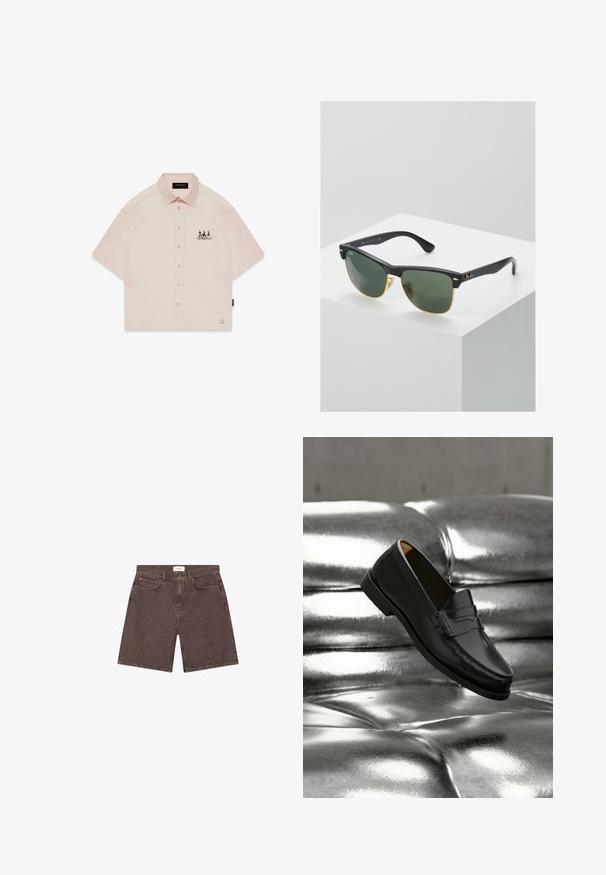 Chemise à manches courtes en pêche avec col pointu, fermeture à boutons sur le devant et un motif graphique noir sur le côté gauche de la poitrine.; Short en denim marron foncé pour homme avec poches avant, passants de ceinture, fermeture par bouton et longueur mi-cuisse sur fond blanc.; Mocassin en cuir noir flottant au-dessus d'un canapé en cuir argenté brillant matelassé à boutons dans un décor minimaliste.; Lunettes de soleil Ray-Ban avec des verres verts, monture en plastique noir et accents dorés sur les bords. Forme carrée avec une finition mate.