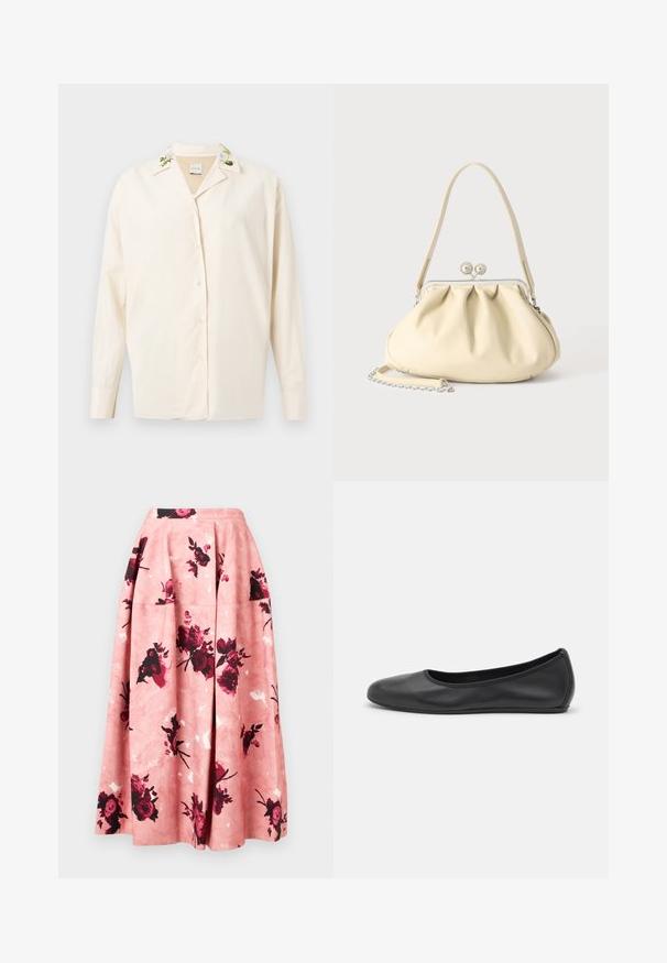Chemise crème boutonnée avec des détails floraux brodés sur le col, confectionnée dans un tissu lisse, dotée de manches longues et d'une coupe décontractée.; Jupe midi florale rose en tissu lisse. Présente des roses rouge foncé et des motifs abstraits. Forme évasée avec des plis à la taille.; Ballerines en cuir noir avec un bout rond, texture lisse, détails de couture minimalistes et design de semelle flexible.; Sac à main en cuir souple couleur crème avec un design froncé, fermoir cadre argenté, poignée courte et bandoulière chaîne amovible.