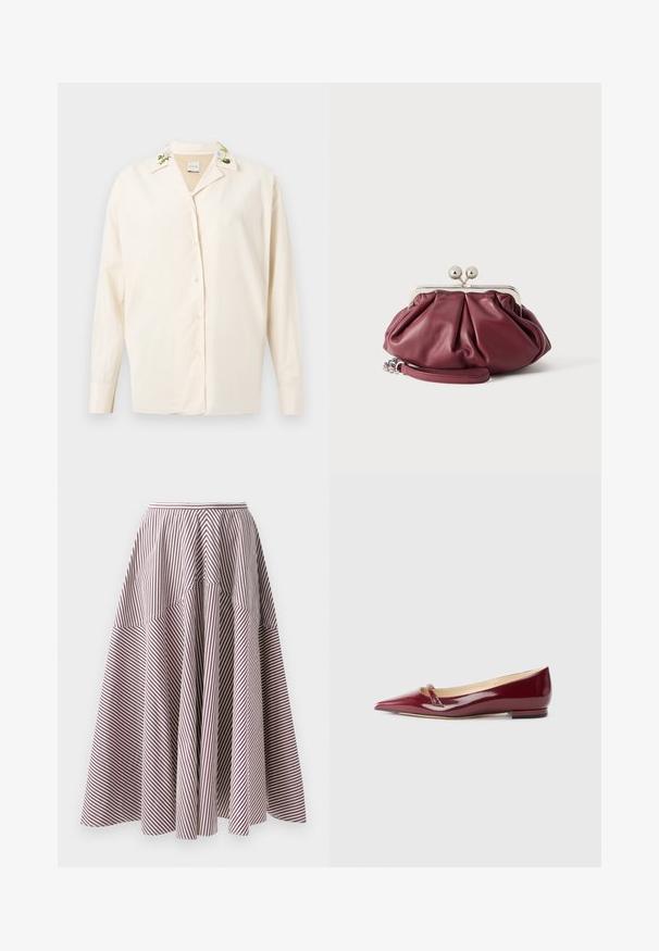 Chemise crème boutonnée avec des détails floraux brodés sur le col, confectionnée dans un tissu lisse, dotée de manches longues et d'une coupe décontractée.; Jupe rayée avec des lignes verticales blanches et bordeaux, présentant un design évasé et une texture froncée à la taille, fabriquée en tissu léger.; Ballerines en cuir verni bordeaux avec un bout pointu, présentant un petit détail découpé et un petit talon. Texture lisse et design épuré.; Petite pochette en cuir bordeaux avec fermoir en métal argenté et bracelet pour poignet sur fond blanc.