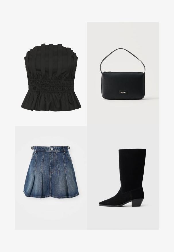 Sort strapless top med vertikale plisseringer, smocket talje og en bølget kant. Lavet af struktureret stof for en tætsiddende silhuet.; Denim midi-nederdel med en mørkeblå vask, plisseret design, knaplukning og bæltestropper. Har diskrete syninger som accent og sidelommer.; Sort ruskind ankelstøvle med spidse tæer, mellemhøj skaft og en chunky hæl. Fuldender et minimalistisk design med lidt syninger og en glat tekstur.; Sort rektangulær skuldertaske i læder med en lille guld "HUGO" logo-patch og en enkelt tynd rem.
