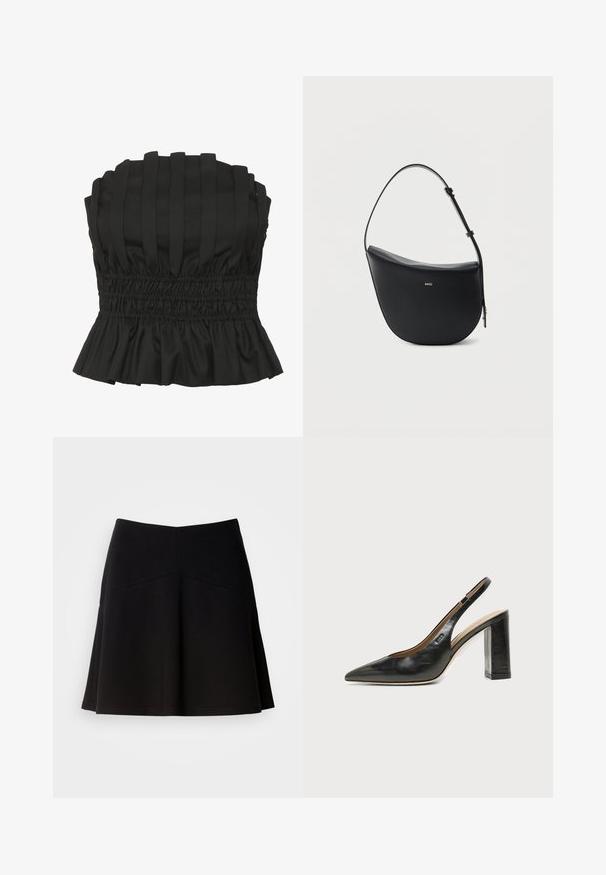 Sort strapless top med vertikale plisseringer, smocket talje og en bølget kant. Lavet af struktureret stof for en tætsiddende silhuet.; Sort flagrende nederdel lavet af blødt stof, med en tætsiddende talje og sømdetaljer. Glat tekstur med et enkelt, klassisk design.; Sort læder peep-toe slingback sko med høj blokhæl og beige indvendig foring mod en ensfarvet lys baggrund.; Sort halv-måne skuldertaske i læder med justerbar rem og guld "BOSS"-logo centreret foran.