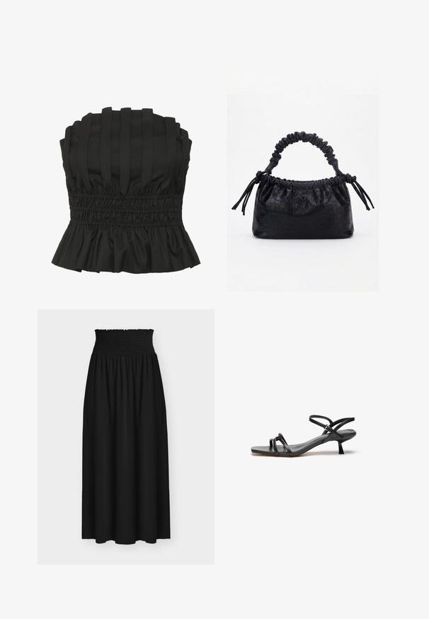 Μαύρο strapless τοπ με κατακόρυφες πτυχώσεις, ελαστική μέση και φουσκωτό άνθος. Κατασκευασμένο από υφασμάτινη σύνθεση για εφαρμοστή σιλουέτα.; Μακριά μαύρη φούστα με ευρεία λάστιχη ζώνη μέσης με σούρες και ανοιχτό ύφασμα κάτω από τη μέση.; Μαύρο δερμάτινο σανδάλι με κομψό, μινιμαλιστικό σχέδιο. Διαθέτει δύο λεπτές λωρίδες και μικρό, γωνιακό τακούνι. Λειος υφής και ανοιχτό μπροστινό μέρος.; Μαύρη τσάντα με υφή κροκοδείλου, με πτυχώσεις στην πάνω άκρη, μαζεμένη λαβή και κορδόνια με φούντες σε κάθε πλευρά, πάνω σε λευκό φόντο.