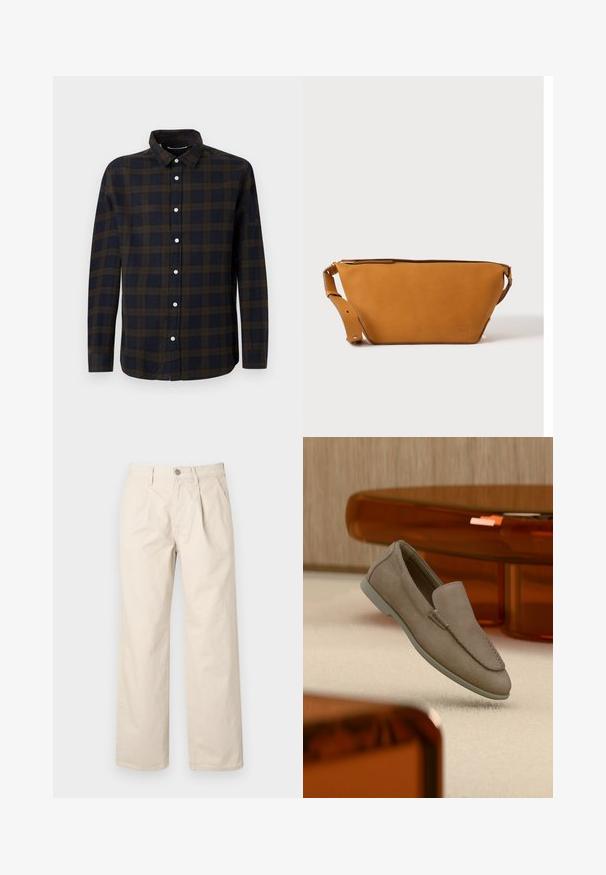 Chemise à manches longues bleu foncé avec une texture à carreaux marron. Fabriquée en tissu doux, elle présente un devant à boutons et un col classique.; Pantalons larges beiges à taille haute, avec des plis avant, une fermeture à bouton sur le devant et un tissu en coton lisse.; Mocassin beige en daim à enfiler avec coutures visibles et semelle claire, positionné au-dessus d'un tapis crème, avec un meuble translucide orange en arrière-plan.; Sac bandoulière en cuir marron clair avec sangle réglable et fermeture éclair, présenté sur un fond clair uni.