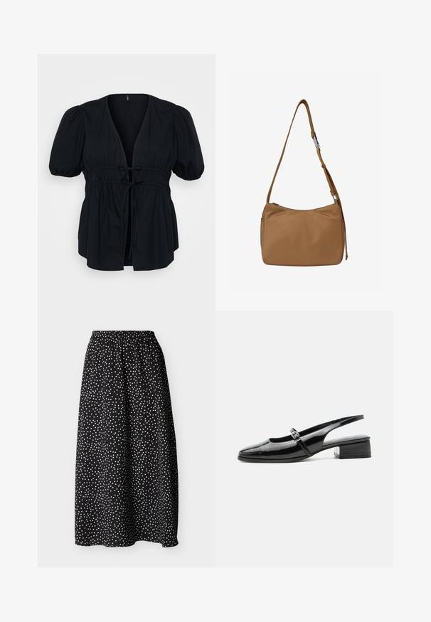 Blusa negra con un profundo escote en V, mangas cortas abullonadas y una cintura con cordón elástico. Tela suave con una silueta relajada y fluida.; Falda midi negra con lunares blancos, cintura elástica y un corte relajado y fluido.; Zapato slingback de charol negro con tacón bajo y grueso y una fina correa con hebilla de plata en la parte superior.; Bolso de cuero color canela con textura suave, correa de hombro ajustable y cierre superior con cremallera. Presenta un diseño minimalista y costuras sutiles.
