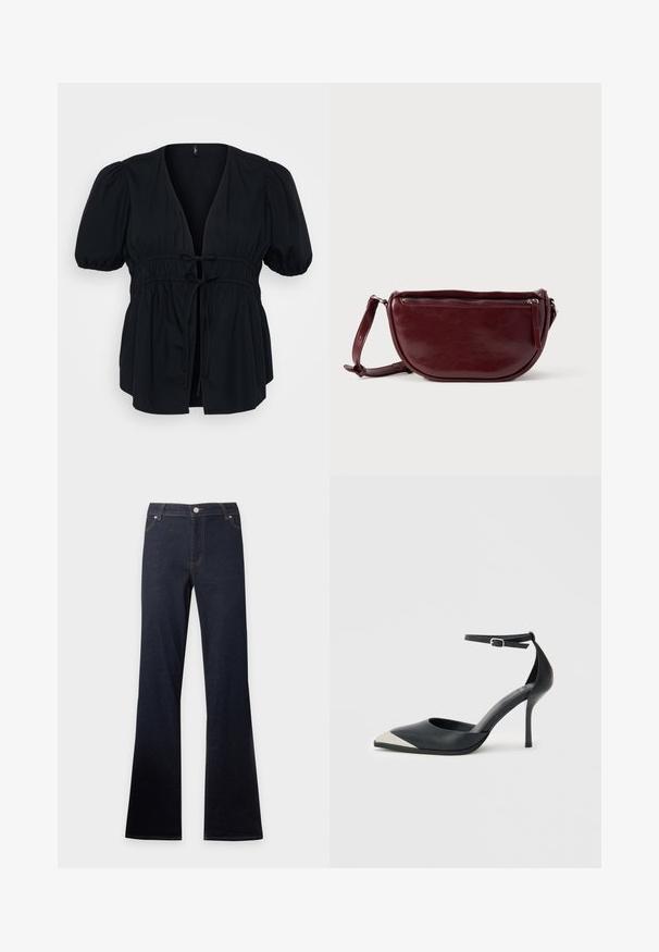 Schwarze Bluse mit tiefem V-Ausschnitt, kurzen Puffärmeln und elastischem Kordelzug in der Taille. Glattes Material mit einer entspannten, fließenden Silhouette.; Dunkelblaue Jeans aus Denim mit hoher Taille und ausgestellten Beinen, mit Vordertaschen, Knopf- und Reißverschluss.; Schwarzer High Heel mit spitzer Schuhspitze, silberner Metallkappe an der Spitze und Knöchelriemen mit Schnallenverschluss auf weißem Hintergrund.; Dunkelroter Lederhandtasche in halbmondförmiger Form mit Reißverschluss und abnehmbarem Tragegurt. Glatte Textur mit dezentem Glanz.