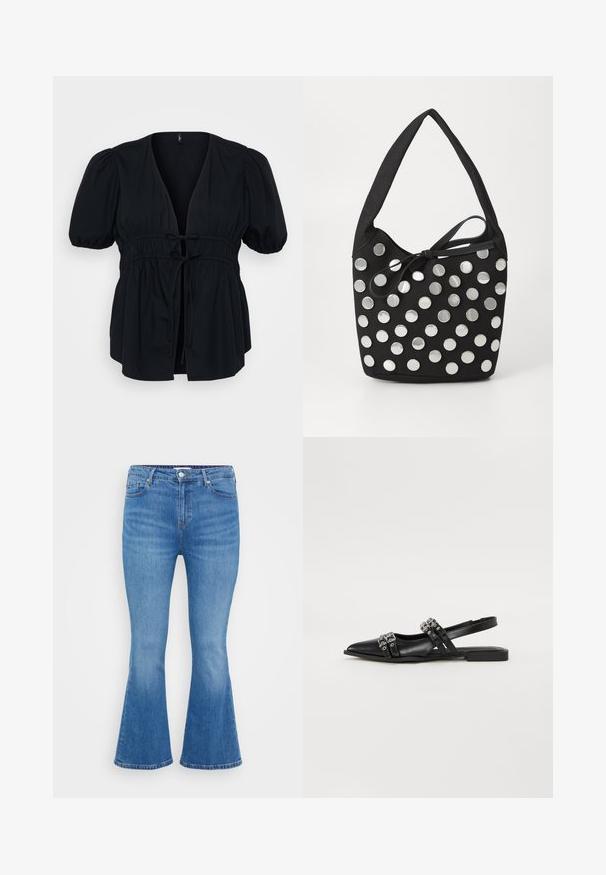 Blusa negra con un profundo escote en V, mangas cortas abullonadas y una cintura con cordón elástico. Tela suave con una silueta relajada y fluida.; Vaqueros acampanados de denim azul claro, con una cintura alta, cinco bolsillos y un cierre de botón clásico. Textura suave con un ligero desvanecimiento.; Even&Odd by Zalando Bailarinas con tira trasera - black; Bolso de tela negro con forma redondeada, adornado con tachuelas metálicas circulares plateadas dispuestas en un patrón, y un detalle de tela atado.