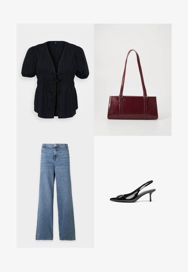 Schwarze Bluse mit tiefem V-Ausschnitt, kurzen Puffärmeln und elastischem Kordelzug in der Taille. Glattes Material mit einer entspannten, fließenden Silhouette.; Blaue, hoch sitzende Jeans mit weitem Bein, vorne mit Knopf- und Reißverschluss sowie klassischem Fünf-Taschen-Design auf einfarbigem Hintergrund.; Schwarze patentierte Slingback-Absätze mit spitzem Zehenbereich und glänzender Oberfläche. Besitzt einen schlanken Absatz und eine abgerundete Akzentuierung am Schuhoberteil.; Burgunderfarbene Handtasche aus glänzendem Material, rechteckige Form, mit zwei Schulterriemen und subtilen, geschwungenen Akzenten an der Vorderseite.