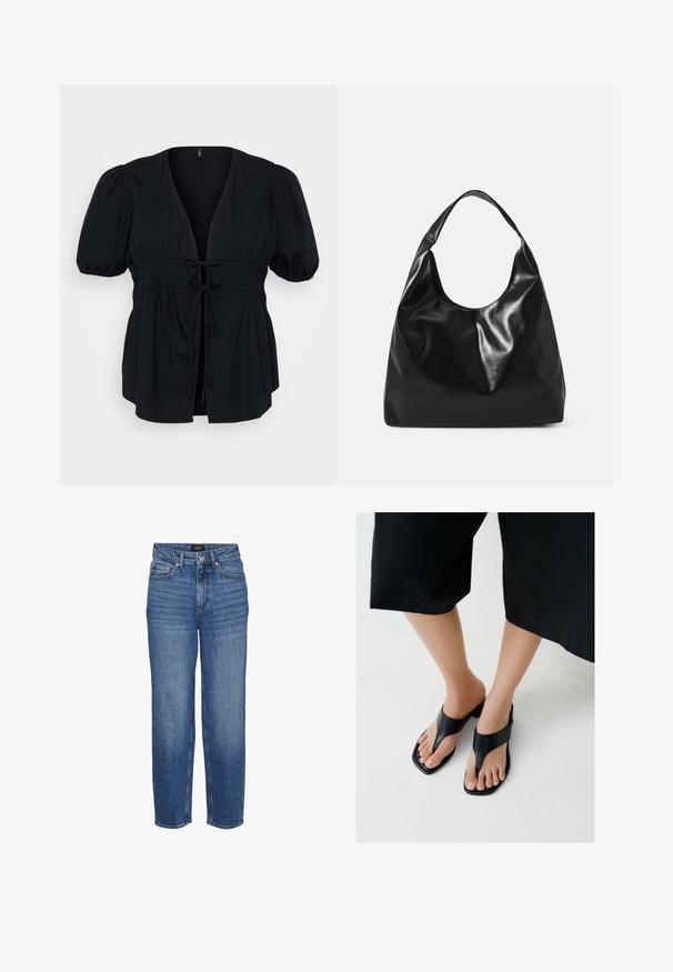 Blusa negra con un profundo escote en V, mangas cortas abullonadas y una cintura con cordón elástico. Tela suave con una silueta relajada y fluida.; Vaqueros de mezclilla azul de tiro alto con pierna recta, que cuentan con cinco bolsillos y un sutil desgaste. El material es mezclilla resistente con una textura suave.; Pies con sandalias de tacón negras de punta cuadrada y tiras anchas, combinadas con pantalones negros cortos sobre un suelo claro.; Bolso hobo de cuero negro con una textura suave y brillante y un diseño de parte superior redondeada y abierta. Cuenta con una amplia correa curvada para llevar. Sin hardware visible.