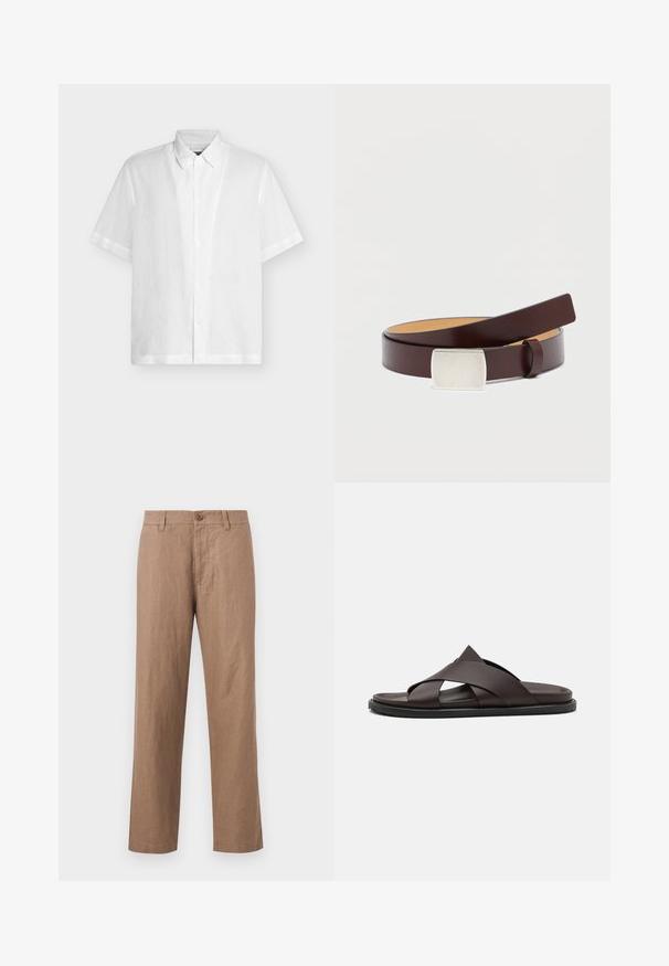 Chemise blanche à manches courtes avec boutons et col classique, présentée à plat sur un fond clair uni.; Pantalon droit en lin marron avec fermeture par boutons sur le devant et passants pour ceinture sur fond uni.; Stuart Weitzman BERKLEY - Mules - espresso; Ceinture en cuir marron avec une boucle rectangulaire en argent, texture lisse et doublure intérieure plus claire contrastante. Design simple et classique.