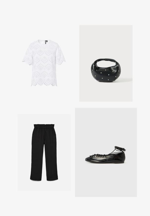 Blouse blanche à manches courtes avec motif en dentelle œillets, bords festonnés et encolure ronde, fermeture éclair au dos.; Pantalon noir à jambes larges avec taille haute élastique et poches plaquées devant, en tissu texturé.; Ballerines en cuir verni noir avec un bout rond, un design à lacets et une semelle plate. Texture lisse avec peu de détails.; Sac à main en cuir noir de forme arrondie, décoré de clous argentés et équipé d'une poignée courte. Texture lisse et fermeture éclair.