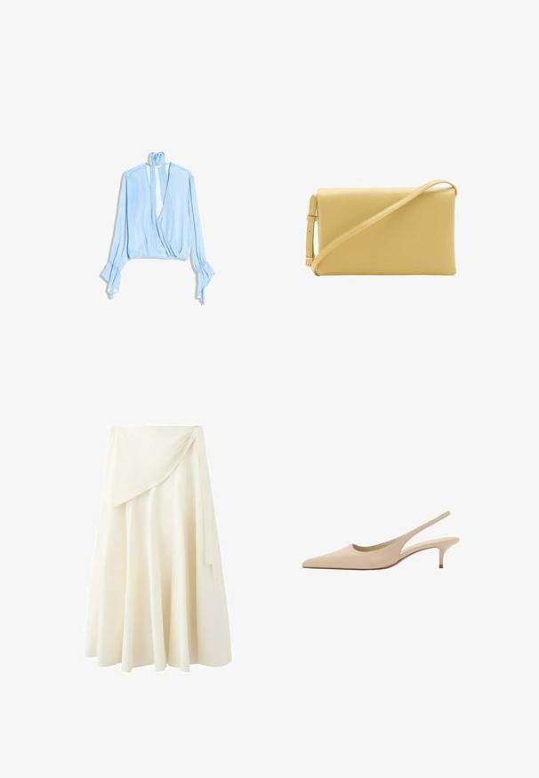 Blouse bleu clair à manches longues avec un col en V profond, une fermeture croisée devant, des poignets évasés et un lien étroit noué à l'arrière du cou.; Jupe midi couleur crème avec design portefeuille et plis doux, confectionnée dans un tissu léger.; Escarpins slingback en cuir beige à bout pointu, talon kitten bas et finition lisse.; Sac bandoulière rectangulaire en cuir jaune clair avec sangle réglable et surface lisse texturée sur fond blanc.